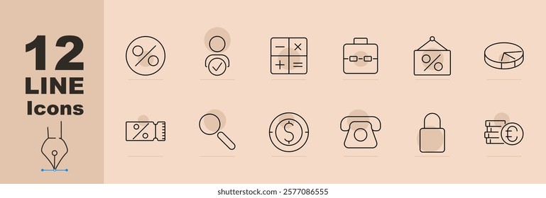 Finance tools set icon Percentage, approval, calculator, briefcase, discount sign, chart, price tag, magnifier, coin, telephone, lock, euro coins. Finance, calculations, business