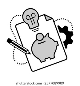 Finance Tracker Icon – Piggy Bank with Document, Gear, and Pencil Representing Budgeting and Savings