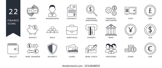 Finance trade icon. Capital stock. Allocation bond. Money donation. Economy exchange. Financial management risk. Business profit sign. Bank loan. Currency payment. Budget fund. Vector pictograms set