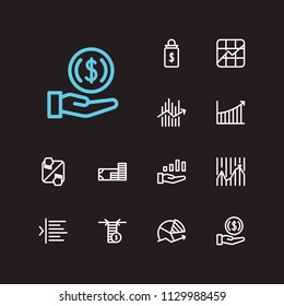 Finance trading icons set. Invest money and finance trading icons with limit order, trading volume and dividend. Set of sale for web app logo UI design.