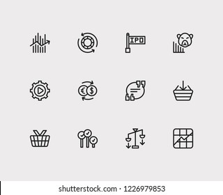 Finance trading icons set. Stock symbol and finance trading icons with chip stocks, exchange and forex. Set of purchase for web app logo UI design.