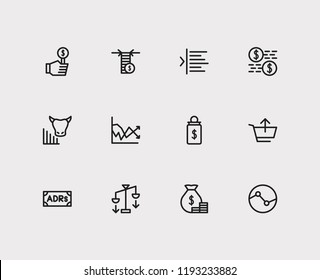 Finance trading icons set. Yield and finance trading icons with dividend, bull market and bid. Set of salary for web app logo UI design.