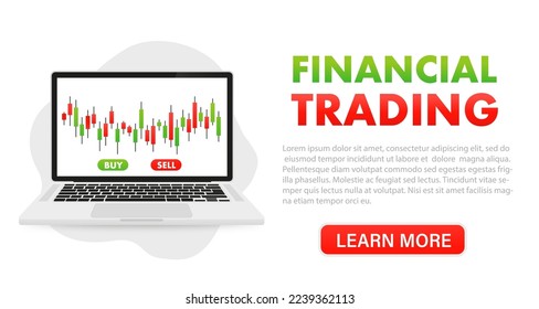 Finance trading Japanese candlestick on laptop stock chart or cryptocurrency. Digital banking, cryptocurrency and blockchain fintech, investments, personal finance technologies. Vector illustration
