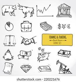 Finance & trading related icons. Hand drawn set 