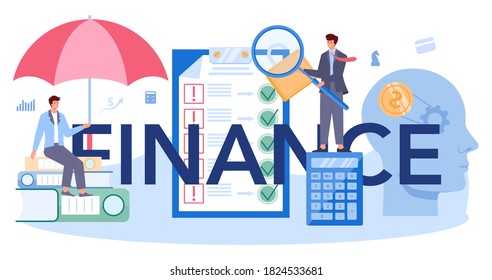 Cabecera tipográfica de finanzas. Carácter comercial que realiza operaciones y control bancarios. Gestión, control y modelación financieros. Ilustración vectorial plana aislada