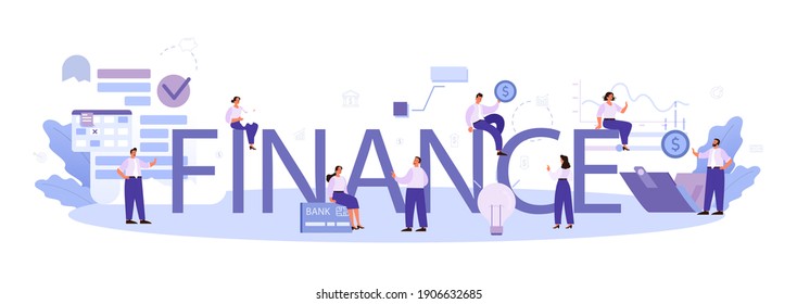 Cabecera tipográfica de finanzas. Carácter comercial que revisa el funcionamiento financiero de la empresa. Recomendación de marketing, presupuestación. Ilustración vectorial plana aislada