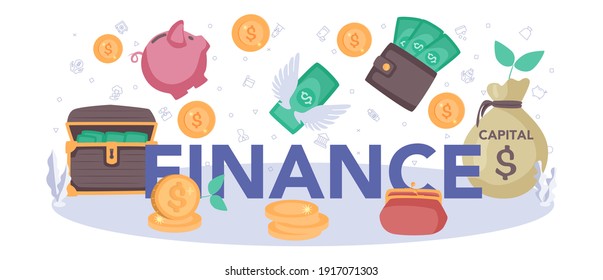 Finance typographic header. Business character making banking operations and exchange control. Financial managemet, analysis, and budgeting. Flat vector illustration