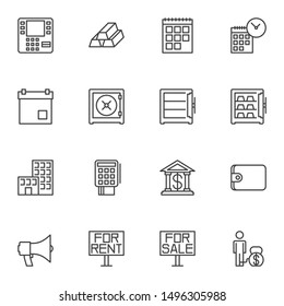 Finance Universal line icons set. linear style symbols collection, outline signs pack. vector graphics. Set includes icons as atm, gold bars, calendar page, deadline, safe, bank, payment card, wallet
