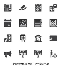 Finance Universal vector icons set, modern solid symbol collection, filled style pictogram pack. Signs, logo illustration. Set includes icons as atm, gold bars, calendar page,  safe, bank, payment