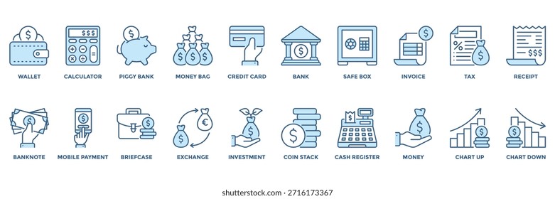 Ícones de vetor financeiro com sinais de dólar para aplicativos e negócios. Inclui ícones de carteira, banco, calculadora, cartão de crédito e investimento. Ideal para projetos fintech e contábil.