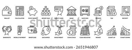 Finance vector icons featuring the pound currency sign for apps and businesses. Includes wallet, bank, calculator, credit card, and investment icons. Ideal for fintech and accounting designs.