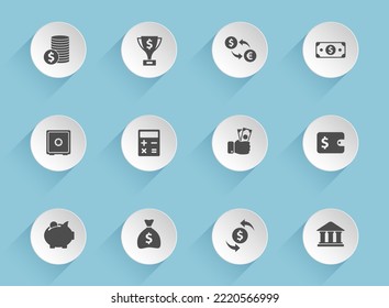 finance vector icons on round puffy paper circles with transparent shadows on blue background. finance stock vector icons for web, mobile and user interface design