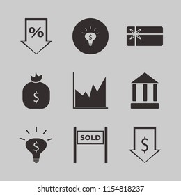 finance vector icons set. with bank, percent down, gift card and sold house in set