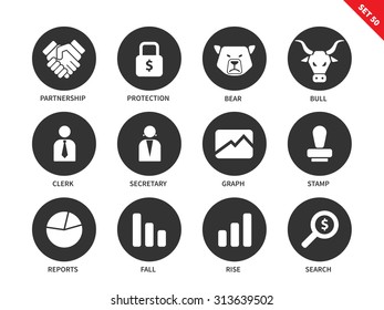 Finance vector icons set. Business, money and economy concept, partnership, clerk, secretary, stamp, search, report, graph. Isolated on white background