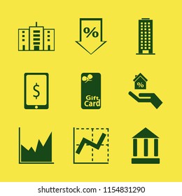 finance vector icons set. with gift card, office building, graph and bank in set