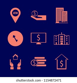 finance vector icons set. with hands house, dollar, key and atm location in set
