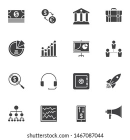 Finance vector icons set, modern solid symbol collection filled style pictogram pack. Signs, logo illustration. Set includes icons as money bill, bank building, safe, pie chart diagram, business graph