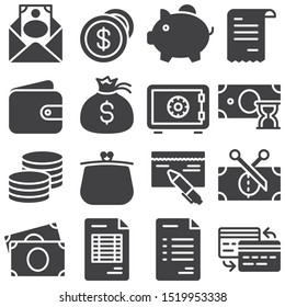 Finance vector icons set, modern solid symbol collection, filled style pictogram pack. Signs, logo illustration. Set includes icons as envelope with money, dollar coins, piggy box, wallet, bank safe