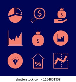 finance vector icons set. with percent up, money bag hand, money ideas and money bag in set