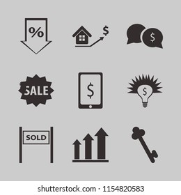 finance vector icons set. with real estate prices growth, percent down, dollar symbol phone and sold house in set
