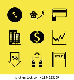 finance vector icons set. with real estate prices growth, office building, percent down and hands house in set