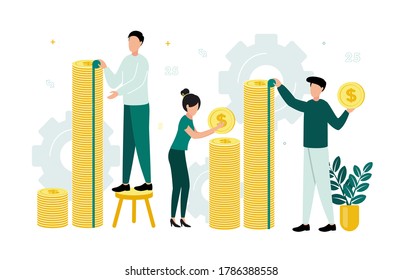 Finanzas. Ilustración vectorial de la econometría. Mujeres y hombres miden pilas de monedas con cinta adhesiva, contra el fondo de los engranajes, maceta de flores