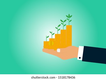 Finance, Vector illustration EPS10 of Businessman holding stack of gold coin money and plant growing on green background, Interest rates and Banking concept