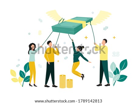 Finance. Vector illustration of inflation. Men and women hold a stack of notes with ropes, which fly up on their wings, next to stacks of coins, branches with leaves, dollar signs, numbers Foto stock © 
