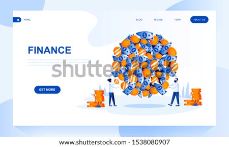 Finance vector landing page template with header. Financial operations with currency web banner, homepage design with flat illustrations. Businessmen cartoon characters. Budget planning