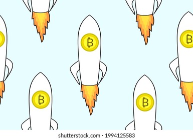 Finance vector seamless pattern with bitcoin signs on the rockets 