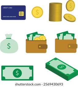 Finance Vector Set Money Wallet Coins and Credit Card Illustrations