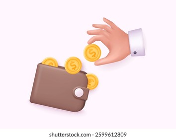 Finance Wallet, Golden coins floating around wallet on isolate yellow background. 3D Web Vector Illustrations.