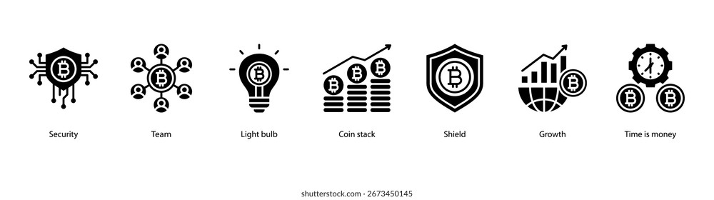 Ilustración vectorial de Anuncio de Web de finanzas con seguridad, Equipo, bombilla, pila de monedas, escudo, crecimiento y tiempo es dinero.