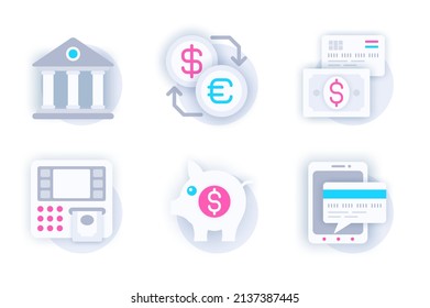 Finance Web Concept Of 3d Paper Icons Set. Pack Flat Pictograms Of Bank, Money Exchange, Cash, Currency, Online Banking, ATM, Piggy Bank And Credit Card. Vector Elements For Mobile App And Website