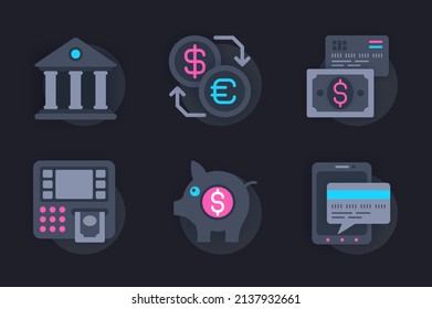 Financiar el concepto web de los iconos de papel 3d conjunto. Empaque pictogramas planos de servicios financieros en aplicaciones bancarias y móviles, cambio de moneda, transferencia de efectivo, ahorro. Elementos vectores para sitios web de estilo oscuro
