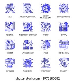 Finance web flat line icons set. Pack outline pictogram of investment, financial control, management, crowdfunding, strategy concept. Vector illustration of symbols for website mobile app design