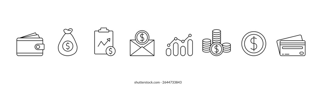 Conjunto de ícones da Web Finanças. Planejamento financeiro e lucro, gestão de negócios, cartões de crédito e bancos, poupança e gestão de dinheiro. Fundo de investimento. Ilustração de linha de vetor.