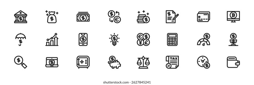 Finance web icons in line style. Business, infographic, payment, investment, exchange, wallet. Editable stroke. Vector illustration.