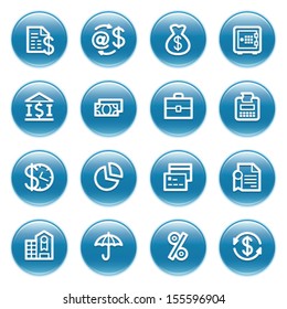 Finance web icons on blue buttons.
