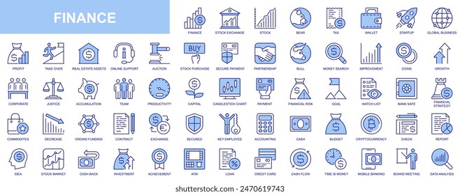 Finance web icons set in duotone outline stroke design. Pack pictograms with stock exchange, bear, tax, wallet, startup, global business, profit, bull, auction, payment, capital. Vector illustration.