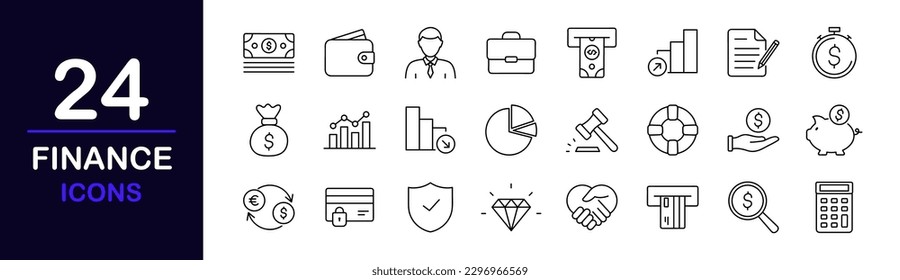 Finden Sie Web-Symbole Set. Finanzen - einfache Sammlung von Thin-line-Symbolen. Brieftasche, Geldautomat, Geldpaket, Hand mit einer Münze, Portfolioanalyse, Finanzbericht und mehr. Einfache Web-Symbole