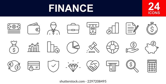 Finance web icons set. Finance - simple thin line icons collection. Containing wallet, ATM, bundle of money, hand with a coin, portfolio analysis, financial report and more. Simple web icons set