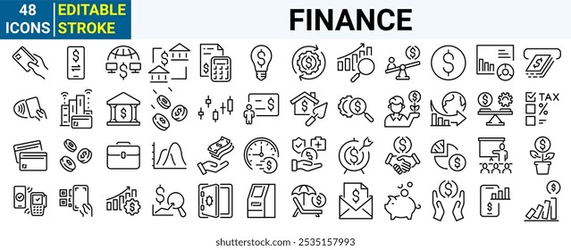 Colección de iconos de línea de Web financiero. efectivo, ahorro, objetivo financiero, beneficio. Trazo editable. Ilustración vectorial