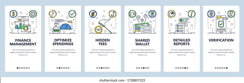 Sitio web de finanzas y pantallas de internado de aplicaciones móviles. Plantilla vectorial de banner de menú para el desarrollo de sitios web y aplicaciones. Administración de finanzas, gasto de dinero y aplicación de presupuesto. Arte de líneas delgadas de estilo plano.