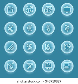 Finance white icons with luminous buttons on blue background.