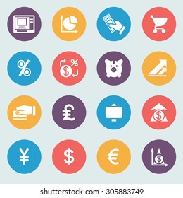 Finance white icons on color buttons. Flat design.