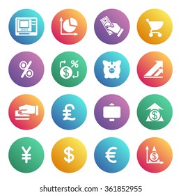 Finance white icons on color buttons.