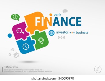 Finance word cloud on colorful jigsaw puzzle. Infographic business for graphic or web design layout 