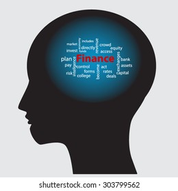 Finance word cloud on head human. 