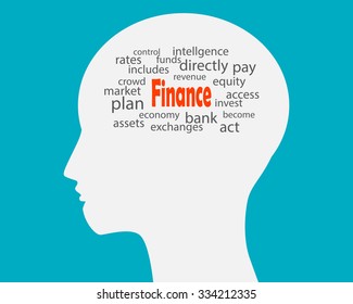 Finance word cloud on head human. 